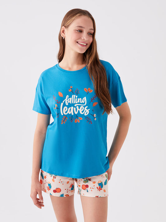 Crew Neck Printed Short Sleeve Women's Pajama Set with Shorts