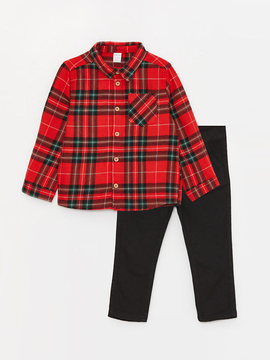 Long Sleeve Plaid Patterned Baby Boy Pants and Shirt 2-Piece Set