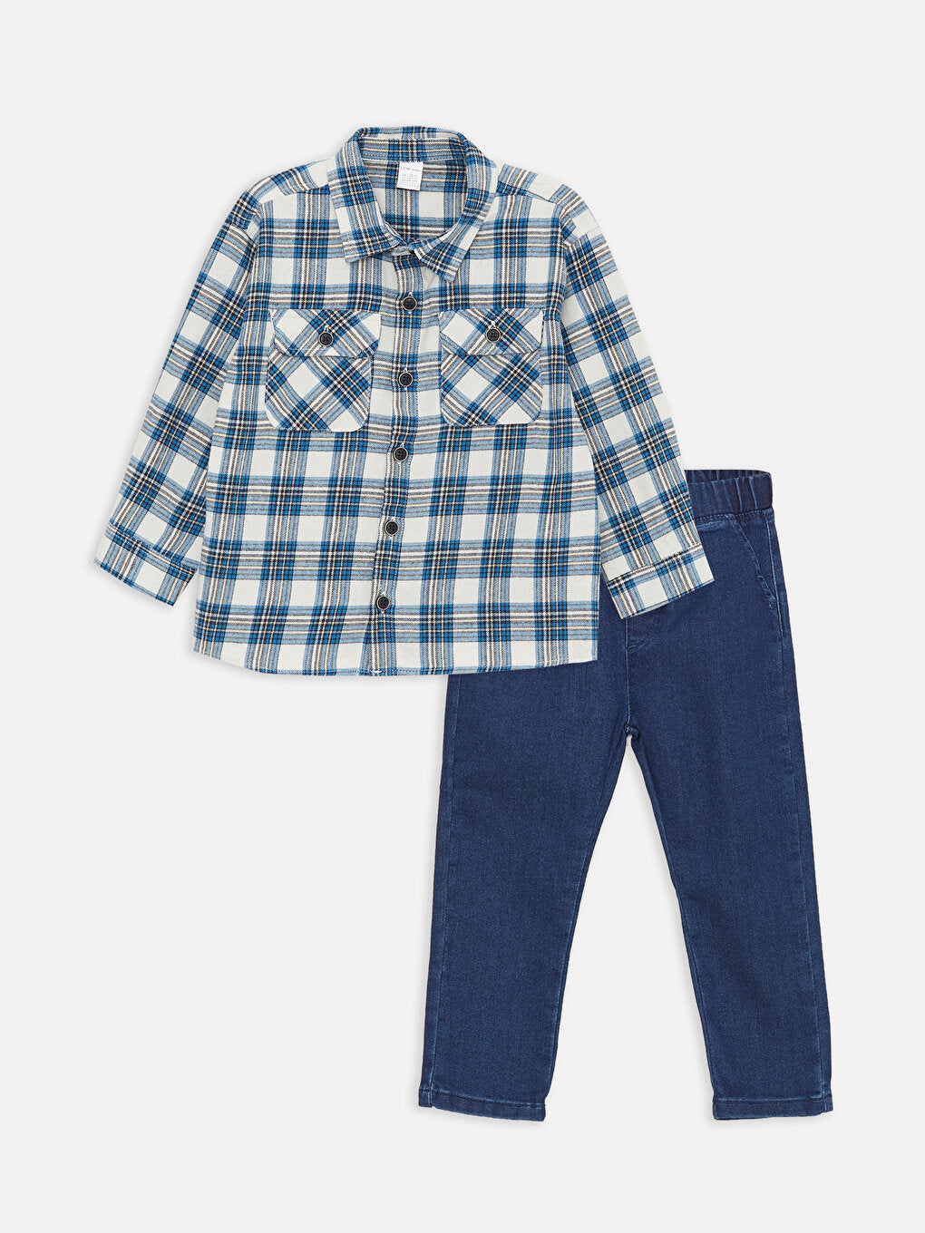 Long Sleeve Plaid Patterned Baby Boy Shirt and Jean Trousers 2-Piece Set