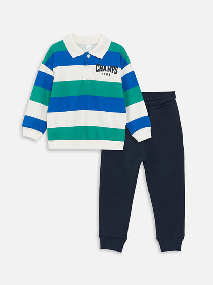 Polo Neck Long Sleeve Printed Baby Boy Sweatshirt and Trousers 2-Piece Set