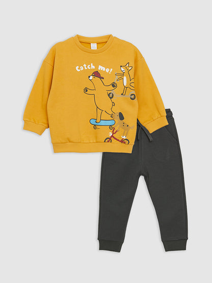 Crew Neck Long Sleeve Printed Baby Boy Sweatshirt and Trousers 2-Piece Set