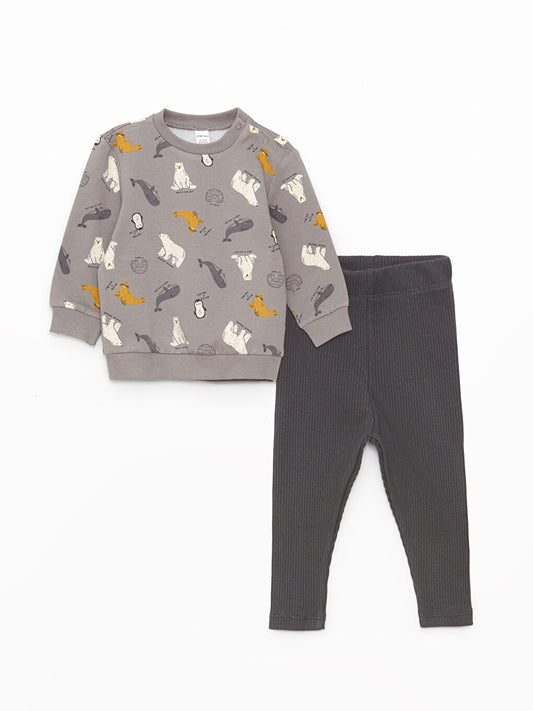 Crew Neck Long Sleeve Printed Baby Boy Sweatshirt and Tights 2-Piece Set