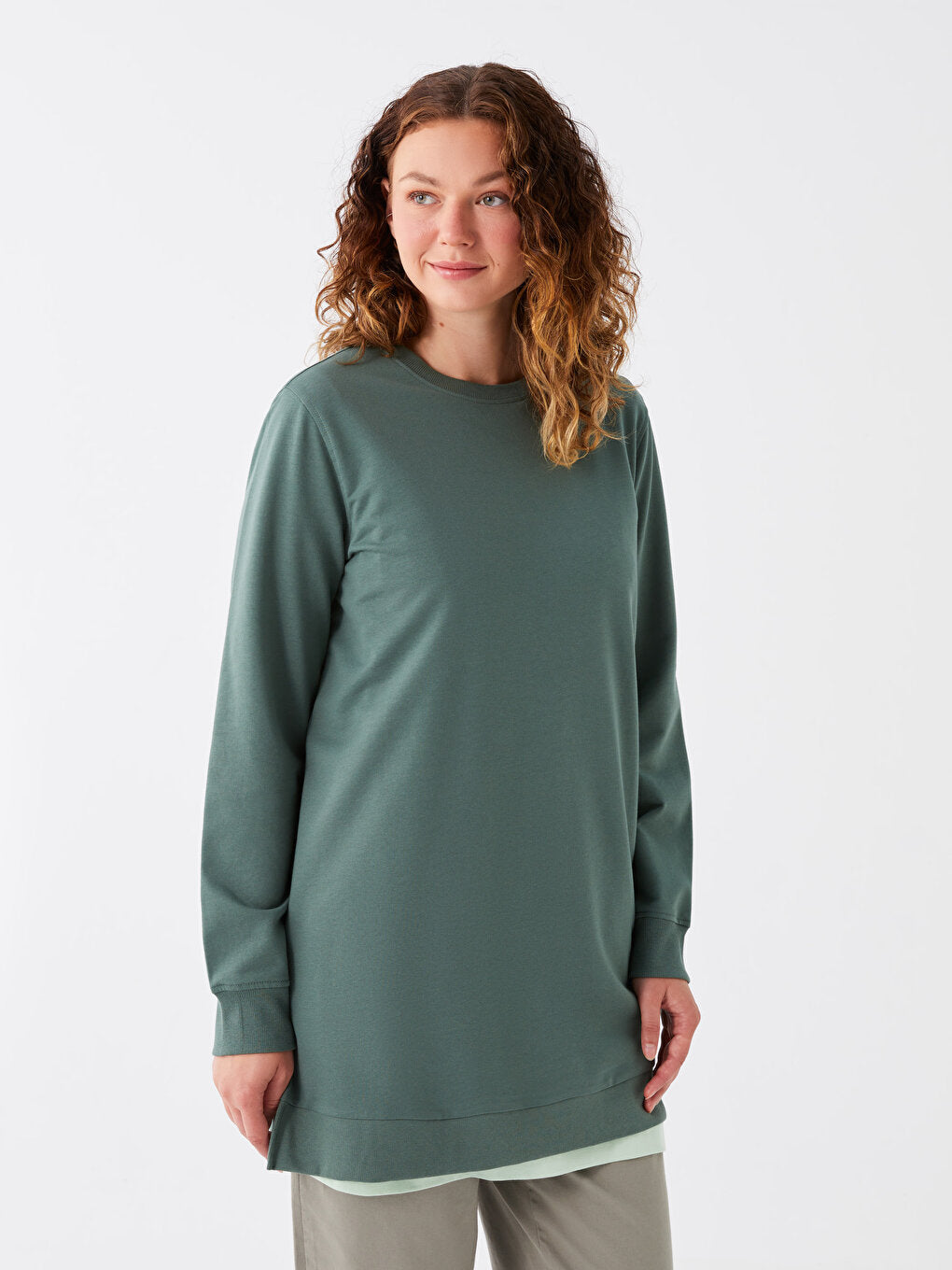 Crew Neck Plain Long Sleeve Women's Sweatshirt Tunic