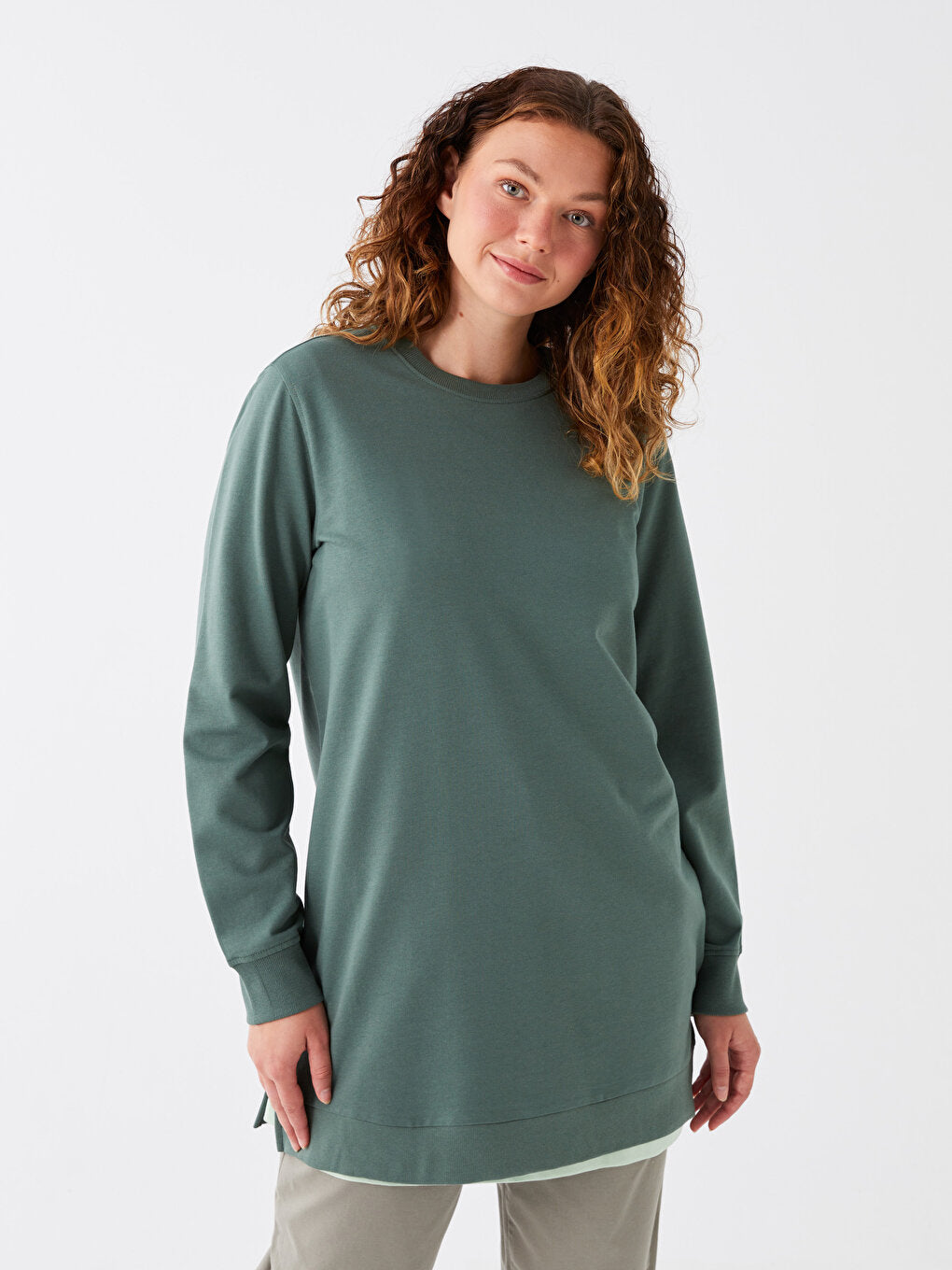 Crew Neck Plain Long Sleeve Women's Sweatshirt Tunic