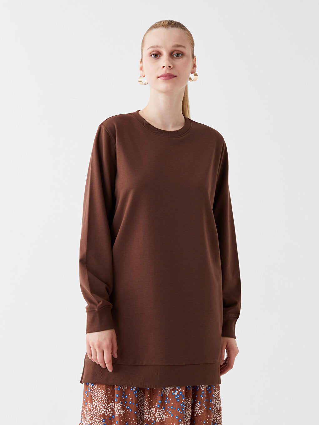 Crew Neck Plain Long Sleeve Women's Sweatshirt Tunic