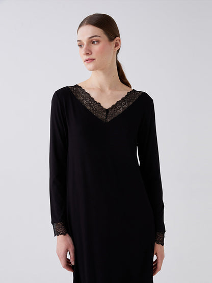 V-Neck Lace Detailed Long Sleeve Women's Nightgown