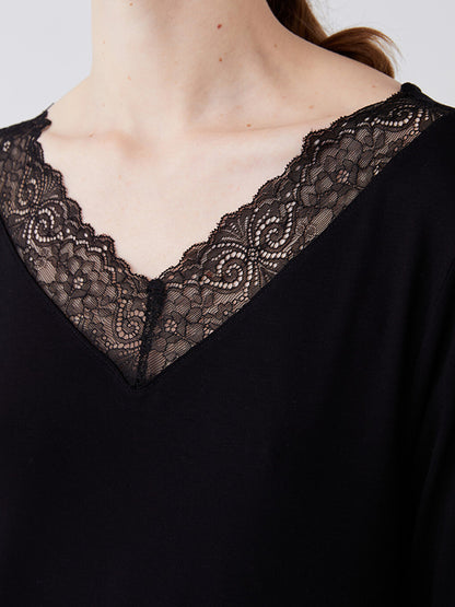 V-Neck Lace Detailed Long Sleeve Women's Nightgown