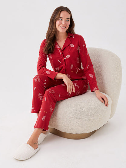 Shirt Collar New Year Themed Long Sleeve Women's Pajama Set