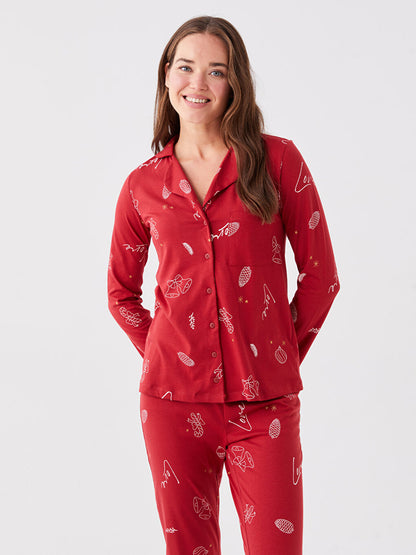 Shirt Collar New Year Themed Long Sleeve Women's Pajama Set