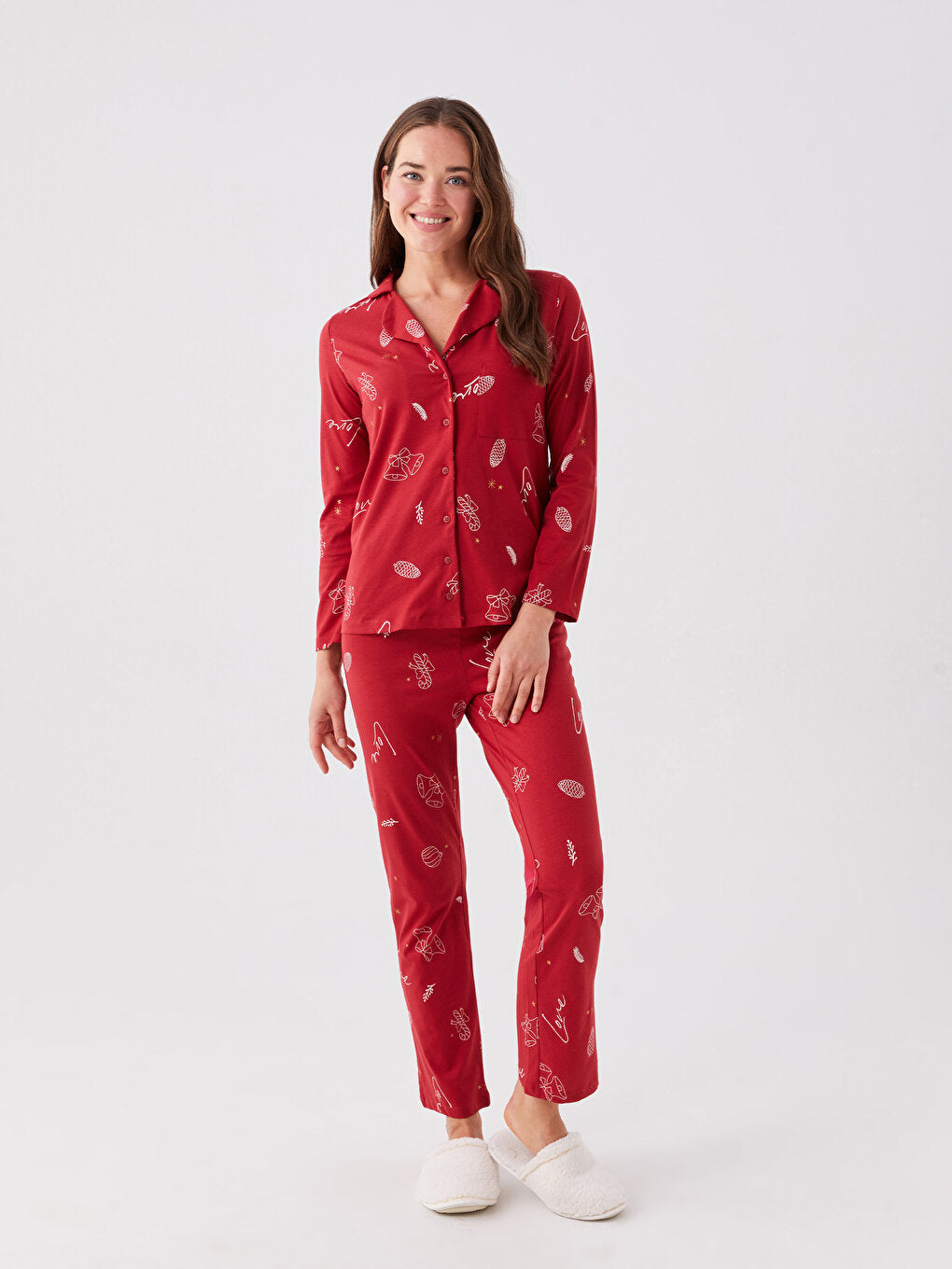 Shirt Collar New Year Themed Long Sleeve Women's Pajama Set