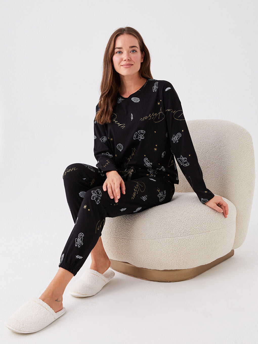 Crew Neck Patterned Long Sleeve Women's Pajama Set