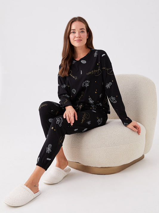 Crew Neck Patterned Long Sleeve Women's Pajama Set