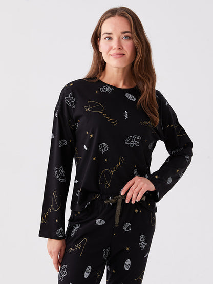 Crew Neck Patterned Long Sleeve Women's Pajama Set