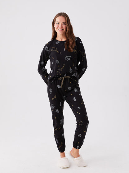 Crew Neck Patterned Long Sleeve Women's Pajama Set