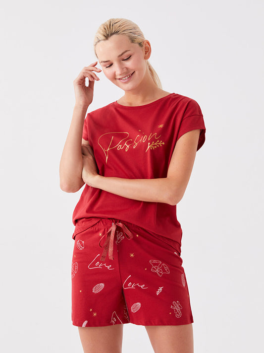 Crew Neck Printed Short Sleeve Women's Pajama Set with Shorts