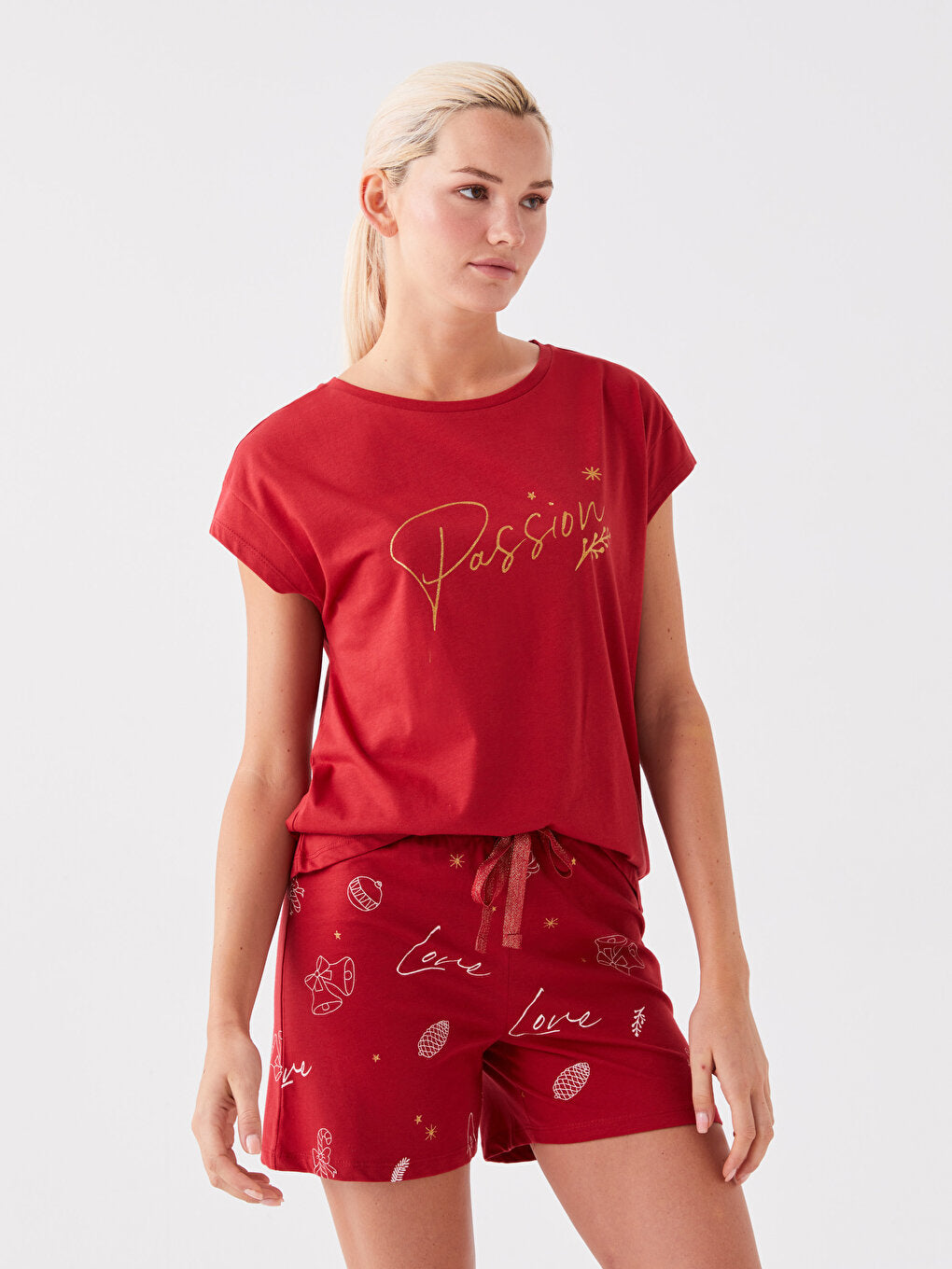 Crew Neck Printed Short Sleeve Women's Pajama Set with Shorts