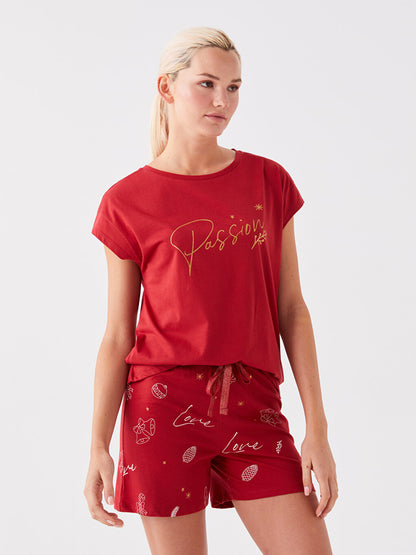 Crew Neck Printed Short Sleeve Women's Pajama Set with Shorts