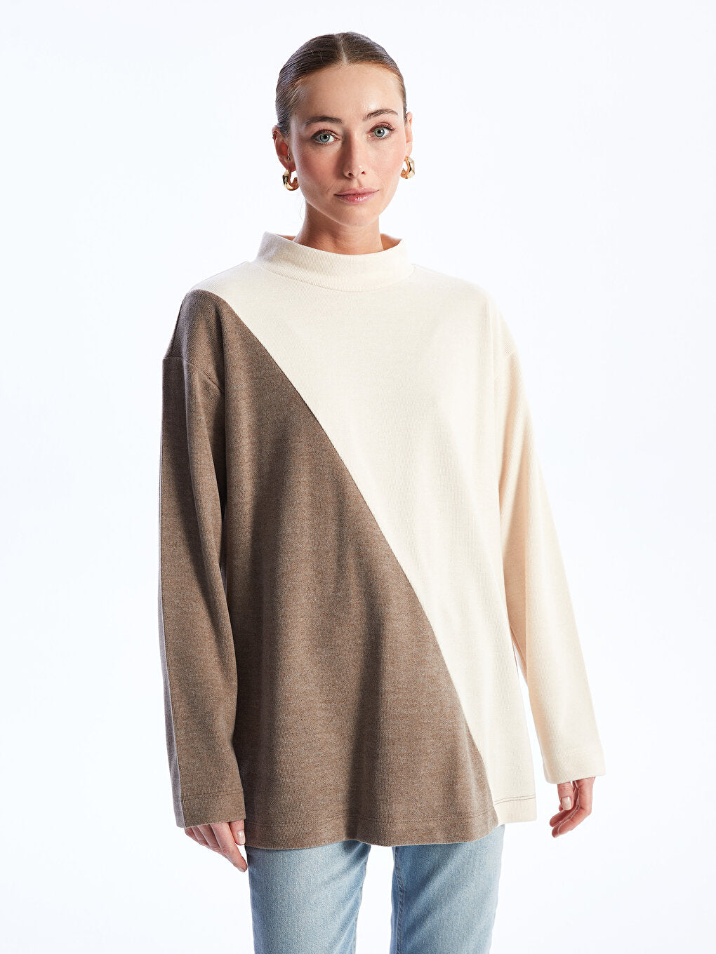 High Collar Color Blocked Long Sleeve Women's Tunic