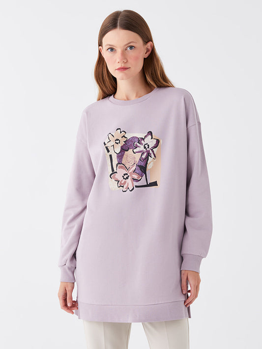 Crew Neck Printed Long Sleeve Oversize Women's Sweatshirt Tunic