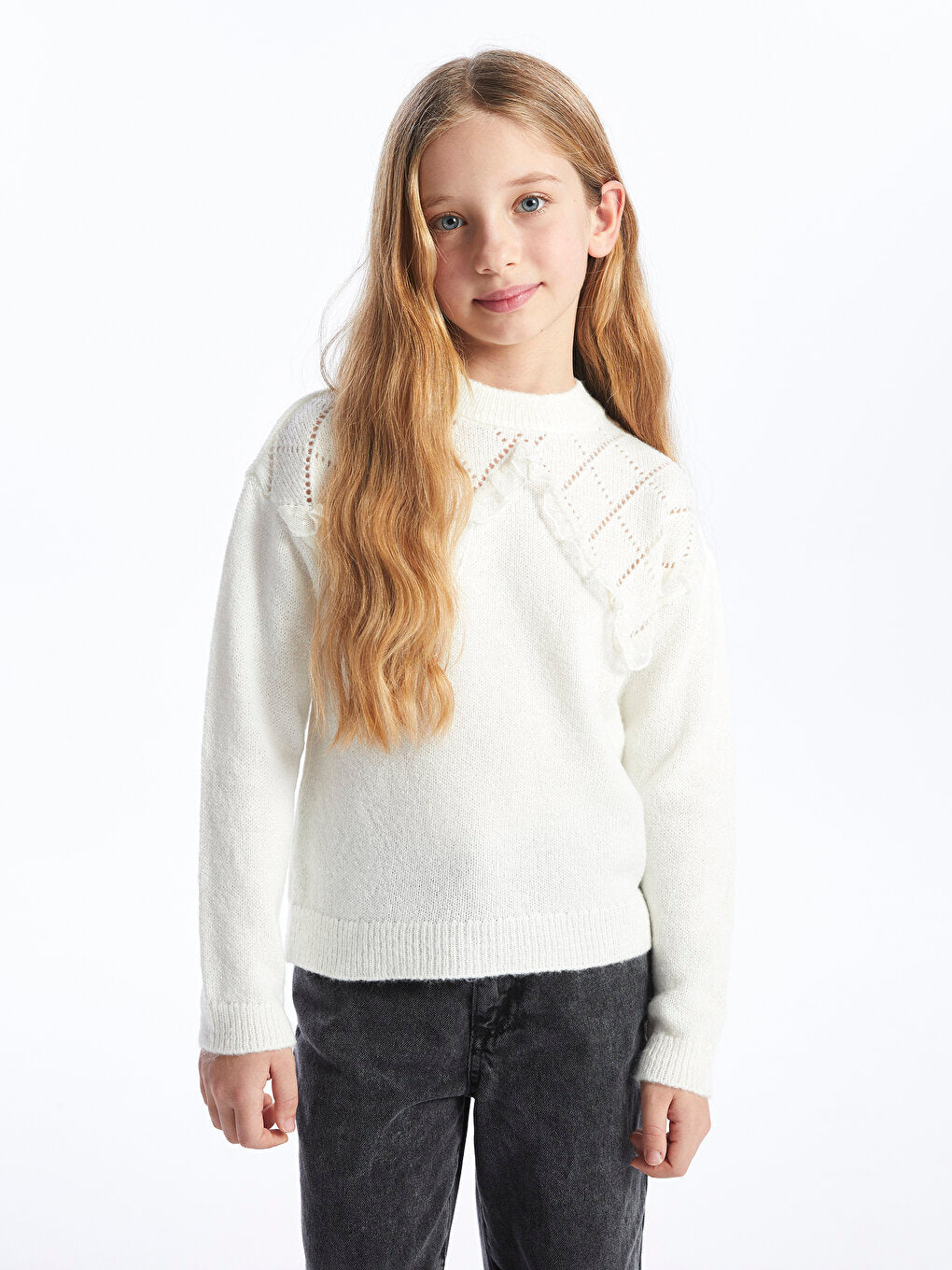 Crew Neck, Patterned Long Sleeve Girl's Knitwear Sweater