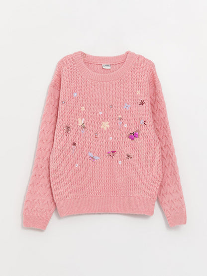 Crew Neck Embroidered Long Sleeve Girl's Knitwear Sweater