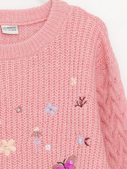 Crew Neck Embroidered Long Sleeve Girl's Knitwear Sweater