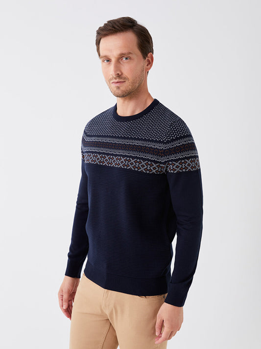 Crew Neck Long Sleeve Patterned Men's Knitwear Sweater