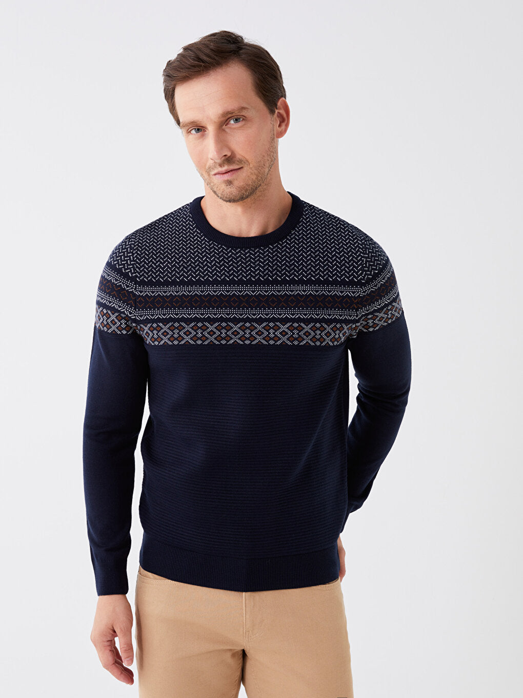 Crew Neck Long Sleeve Patterned Men's Knitwear Sweater