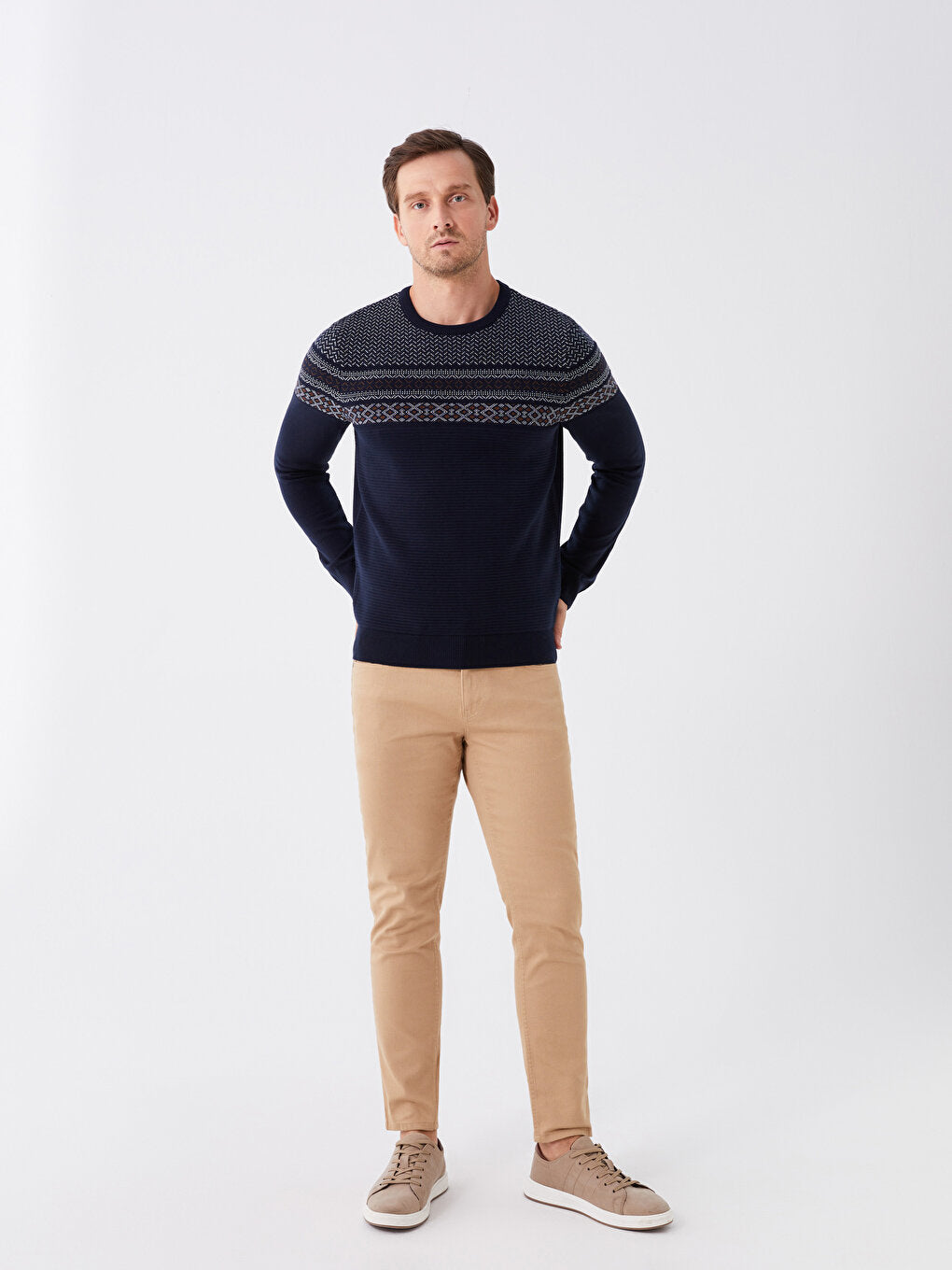 Crew Neck Long Sleeve Patterned Men's Knitwear Sweater