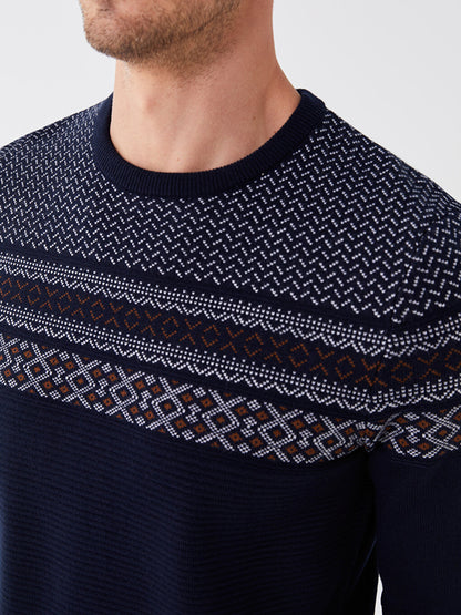 Crew Neck Long Sleeve Patterned Men's Knitwear Sweater