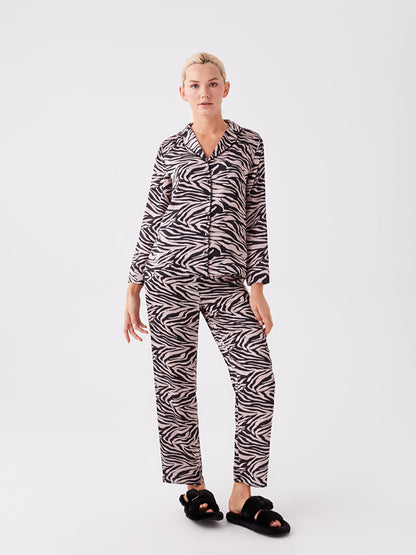 Shirt Collar Patterned Long Sleeve Women's Pajama Set