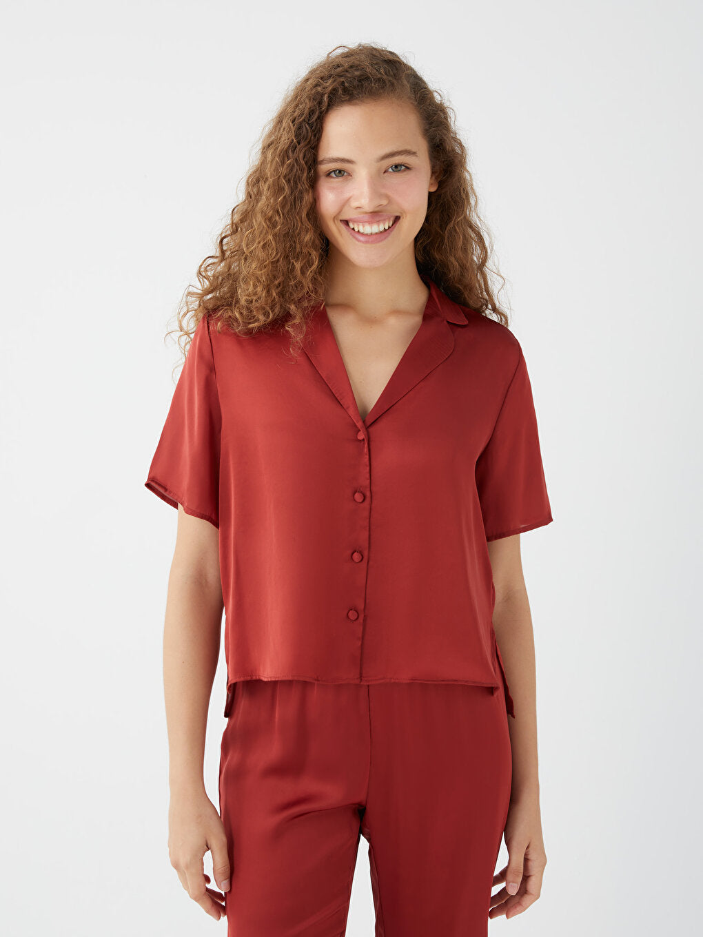 Shirt Collar Plain Short Sleeve Women's Pajama Set