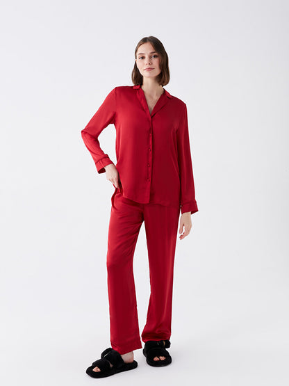 Shirt Collar Plain Long Sleeve Satin Women's Pajama Set