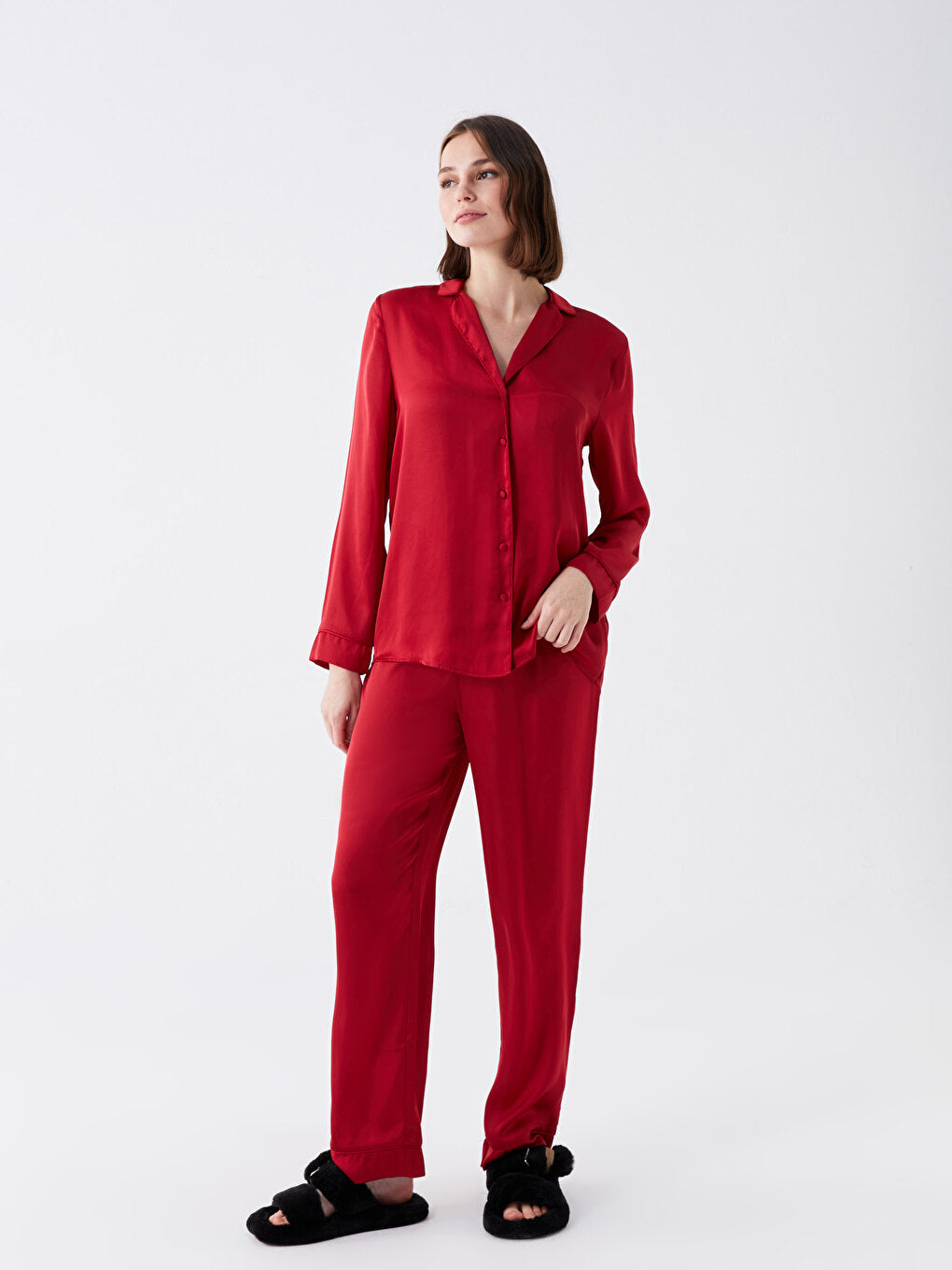 Shirt Collar Plain Long Sleeve Satin Women's Pajama Set