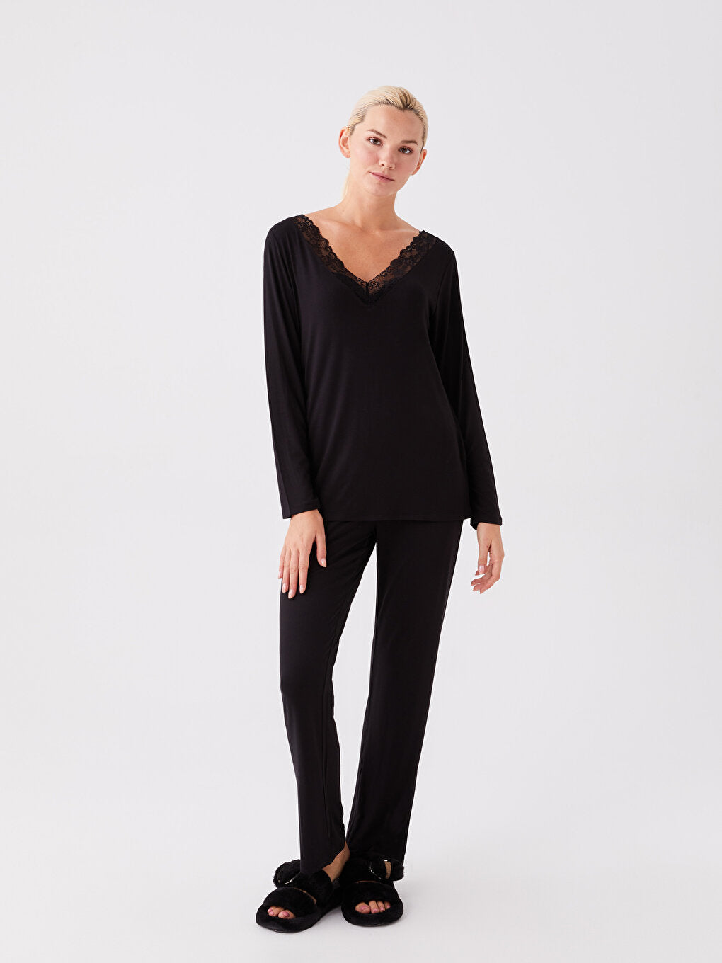 V-Neck Plain Long Sleeve Women's Pajama Set