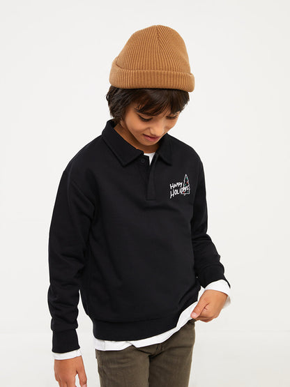 Polo Neck Printed Long Sleeve Boy's Sweatshirt