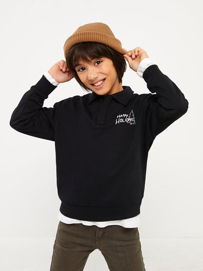 Polo Neck Printed Long Sleeve Boy's Sweatshirt