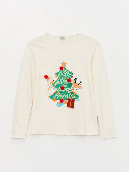 Crew Neck New Year Themed Long Sleeve Girls' T-Shirt