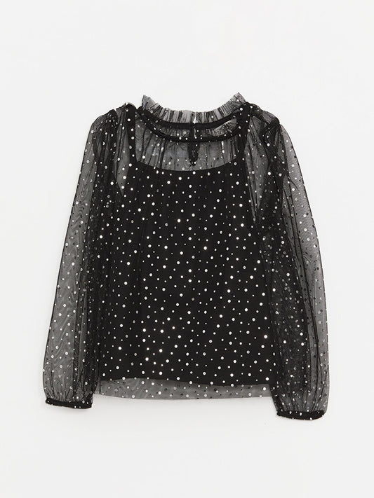 High Collar Polka Dot Long Sleeve Girl's Blouse