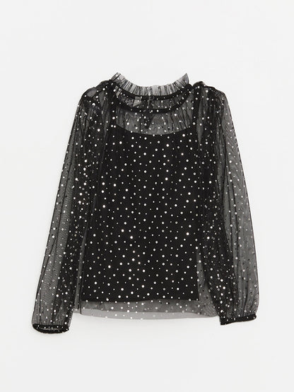 High Collar Polka Dot Long Sleeve Girl's Blouse