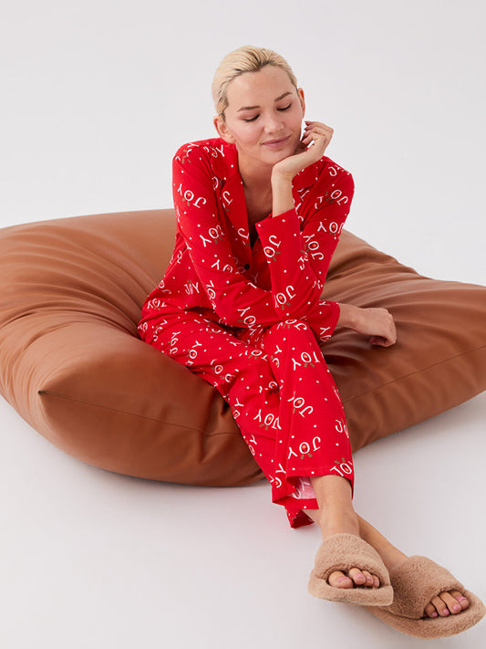 Shirt Collar New Year Themed Long Sleeve Women's Pajama Set