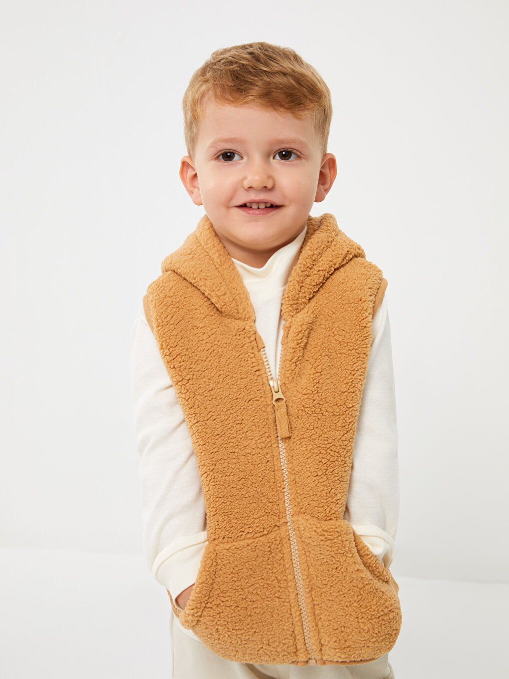 Hooded Collar Baby Boy Zippered Plush Vest