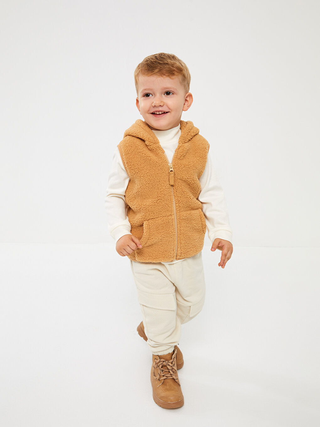 Hooded Collar Baby Boy Zippered Plush Vest