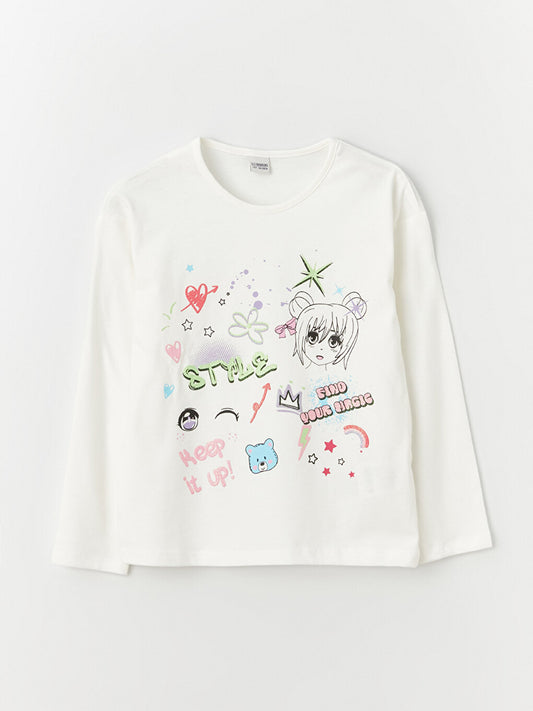 Crew Neck Printed Long Sleeve Girls' T-Shirt