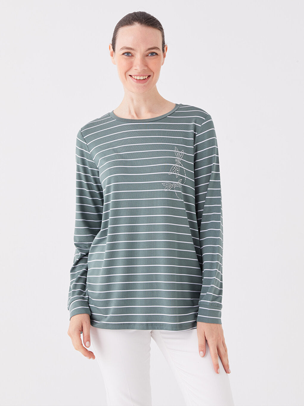 Crew Neck Striped Long Sleeve Women's Tunic