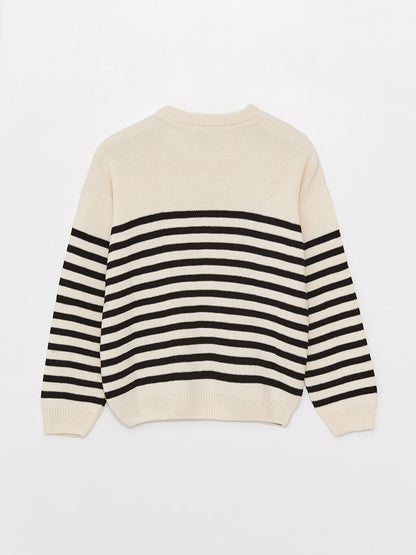 Crew Neck Striped Long Sleeve Girl's Knitwear Sweater