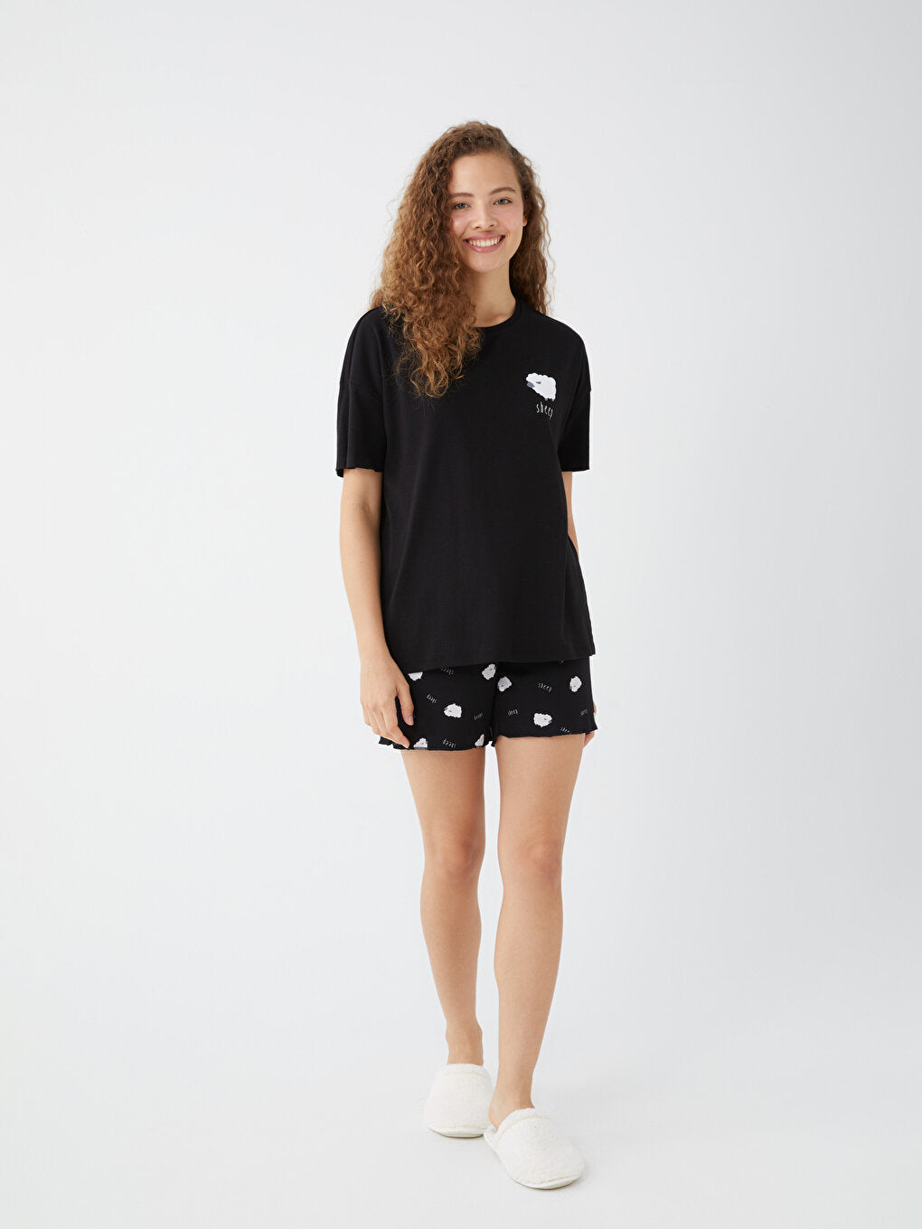 Crew Neck Printed Short Sleeve Women's Pajama Set with Shorts