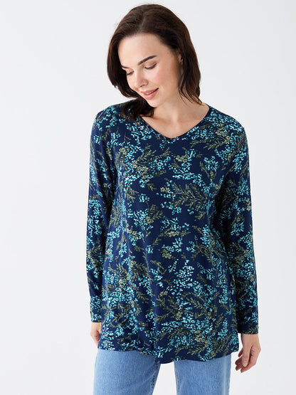 V-Neck Patterned Long Sleeve Women's Tunic