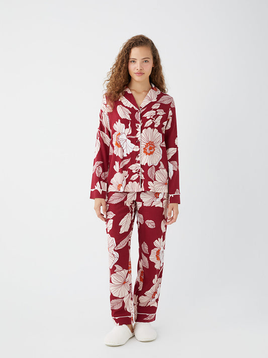 Shirt Collar Printed Long Sleeve Women's Pajama Set