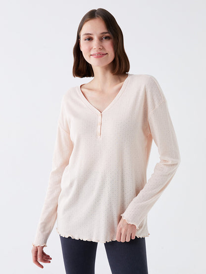 V-Neck Self-patterned Long Sleeve Women's Pajama Top